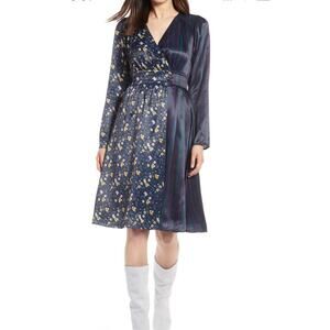 Halogen Nordstrom‎ Floral Midi Plaid Mixed Media Dress Long Sleeve Sz 6 Boho